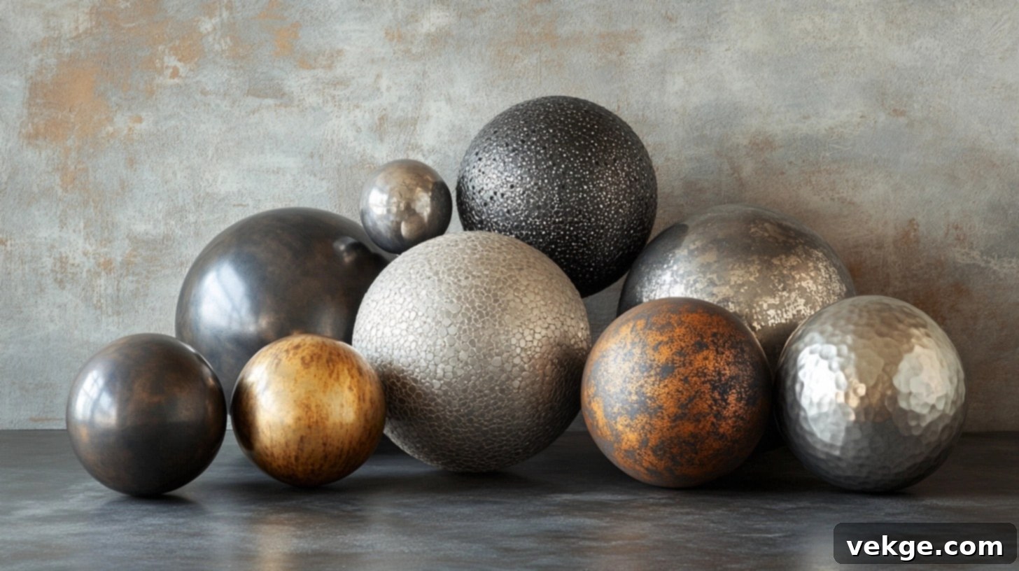 Metal Sphere Collection - a grouping of metal spheres in different sizes and finishes on a round coffee table