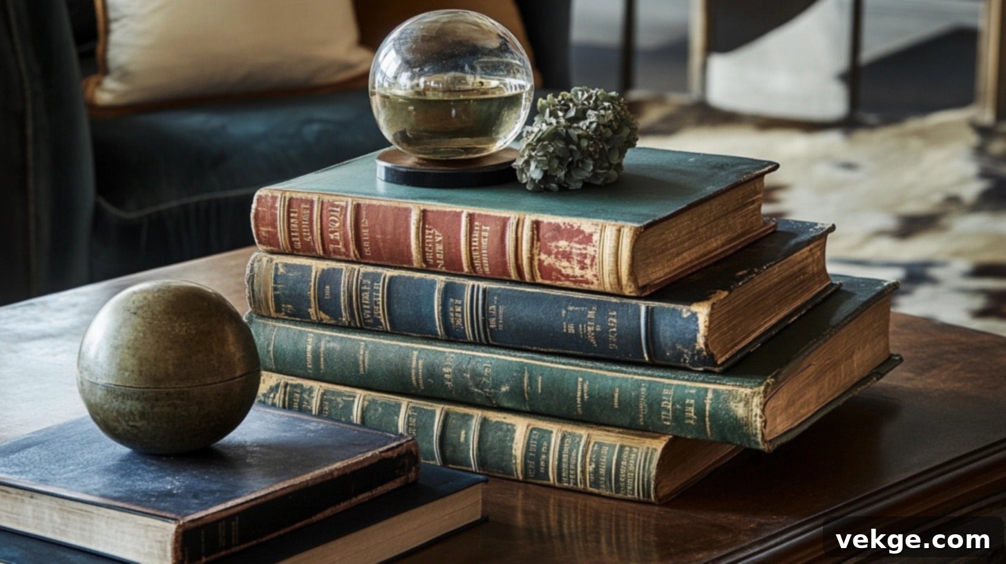 Vintage Book Collection - a stack of old books with a small glass dome and collectible on a round coffee table