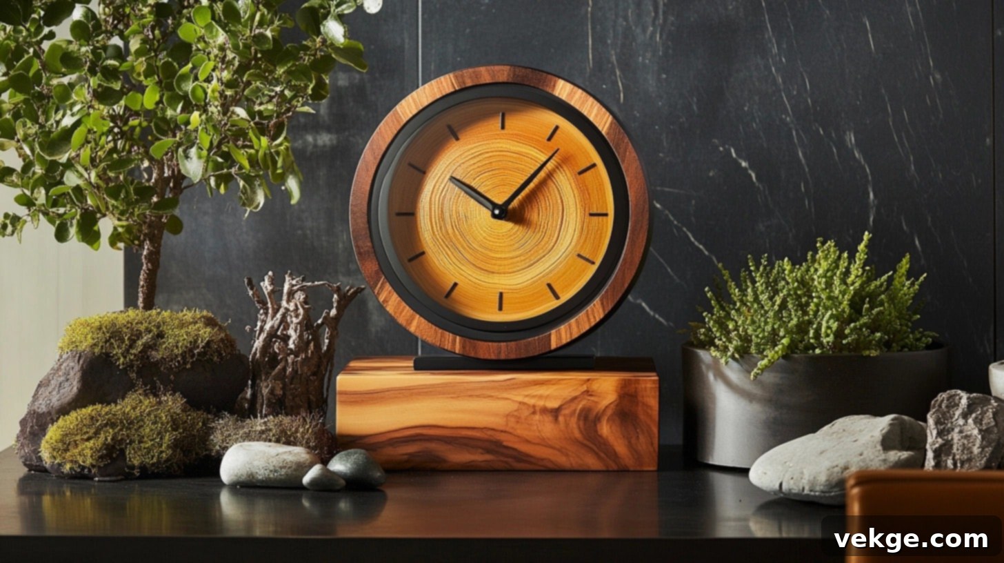 Decorative Timepiece Display - an elegant table clock surrounded by small plants on a round coffee table