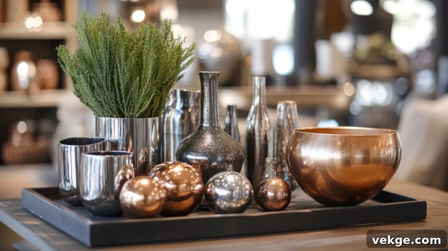 Mixed Metal Display - a collection of various metallic objects in brass, silver, and copper on a round coffee table