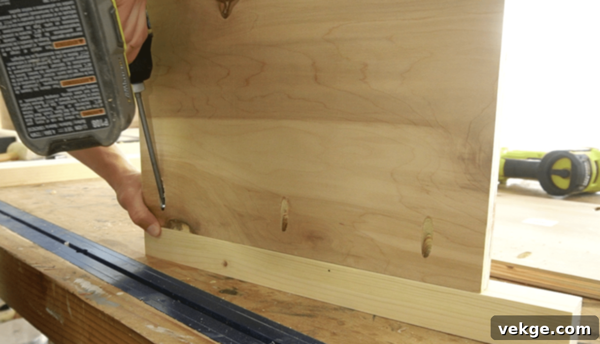 Step 1: Build the Side Panels by attaching plywood to 2x2 lumber legs using pocket holes