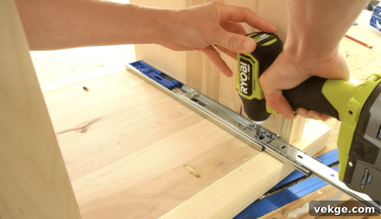 Step 4: Install Drawer Slides, ¾″ back from the front edge of the opening, ensuring proper alignment