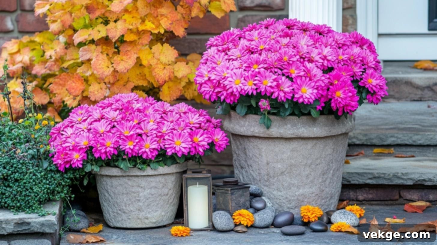 Stone Planter Mums for a refined and durable porch aesthetic