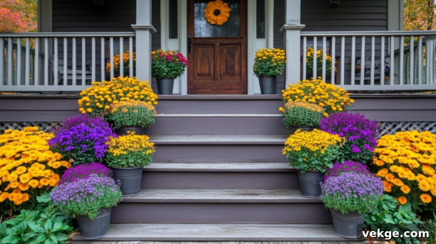Zigzag Pattern Along Steps with mums for dynamic visual interest