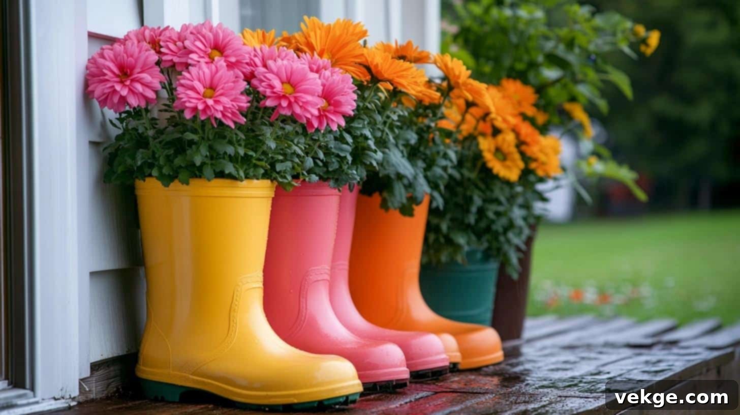 Mums in Old Rain Boots for a whimsical and quirky porch accent