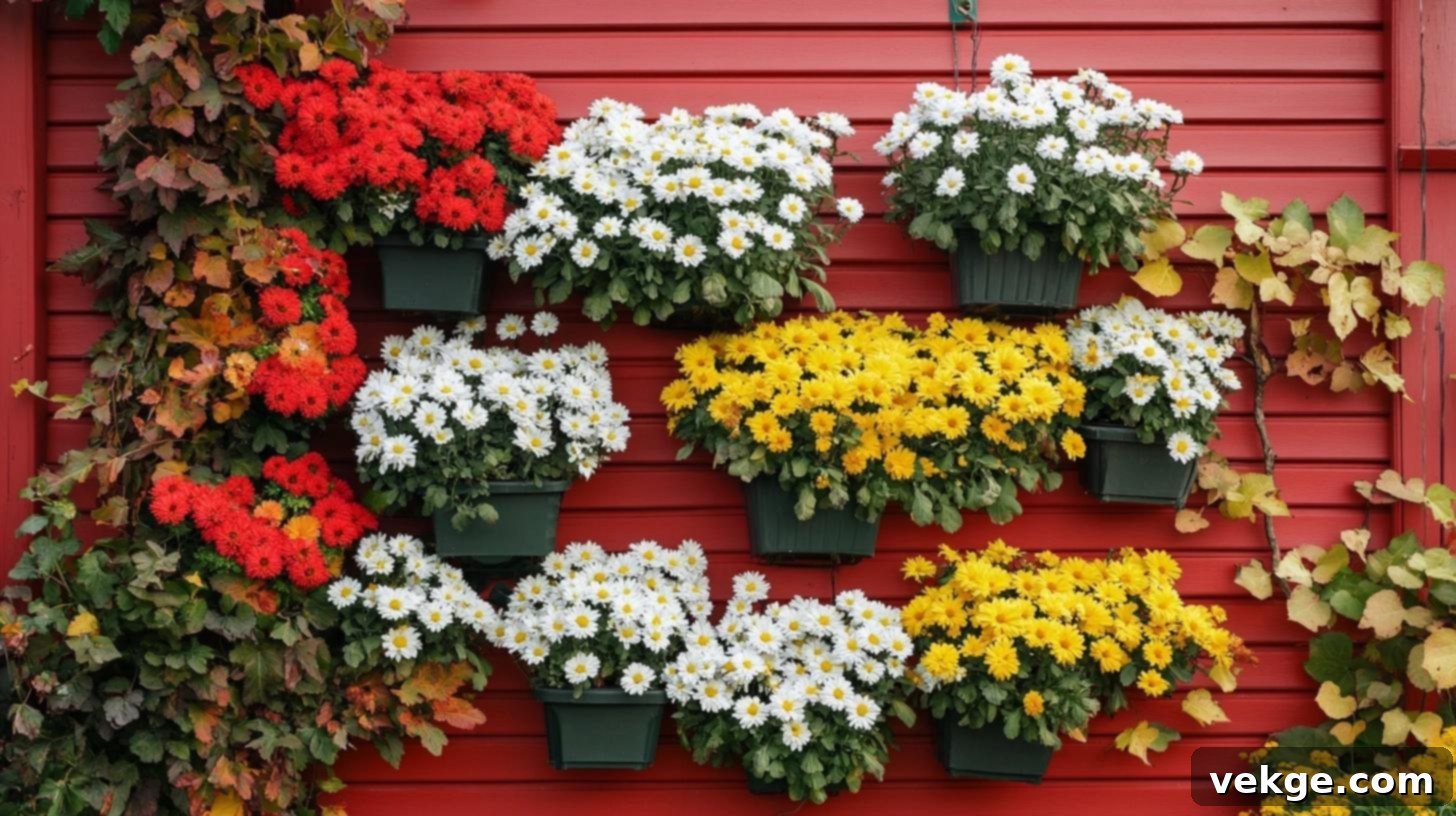 Flower Wall with Potted Mums for a dramatic vertical garden