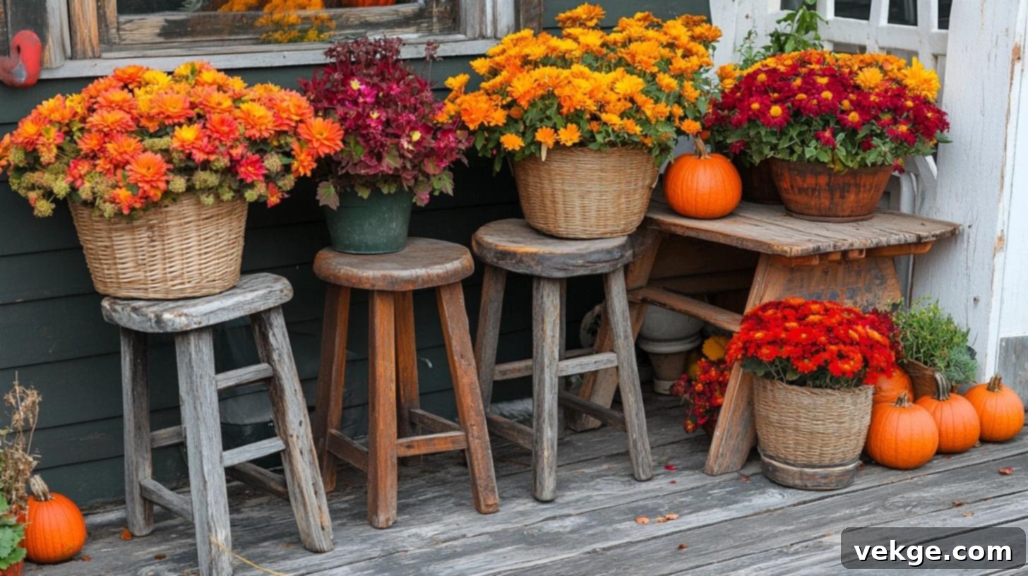 Place Mums on Old Wooden Stools for rustic porch elevation