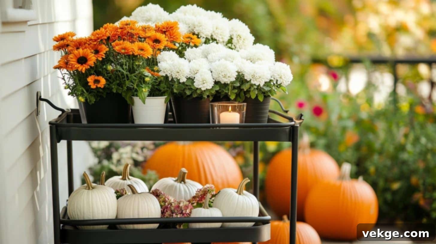 Bar Cart Display with mums for a stylish and movable porch arrangement