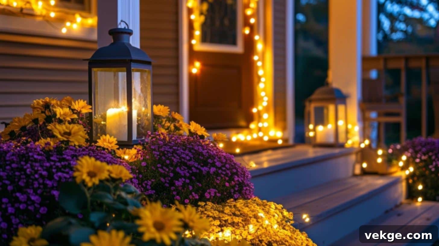 Fairy Light Accented Mums for a magical evening porch ambiance
