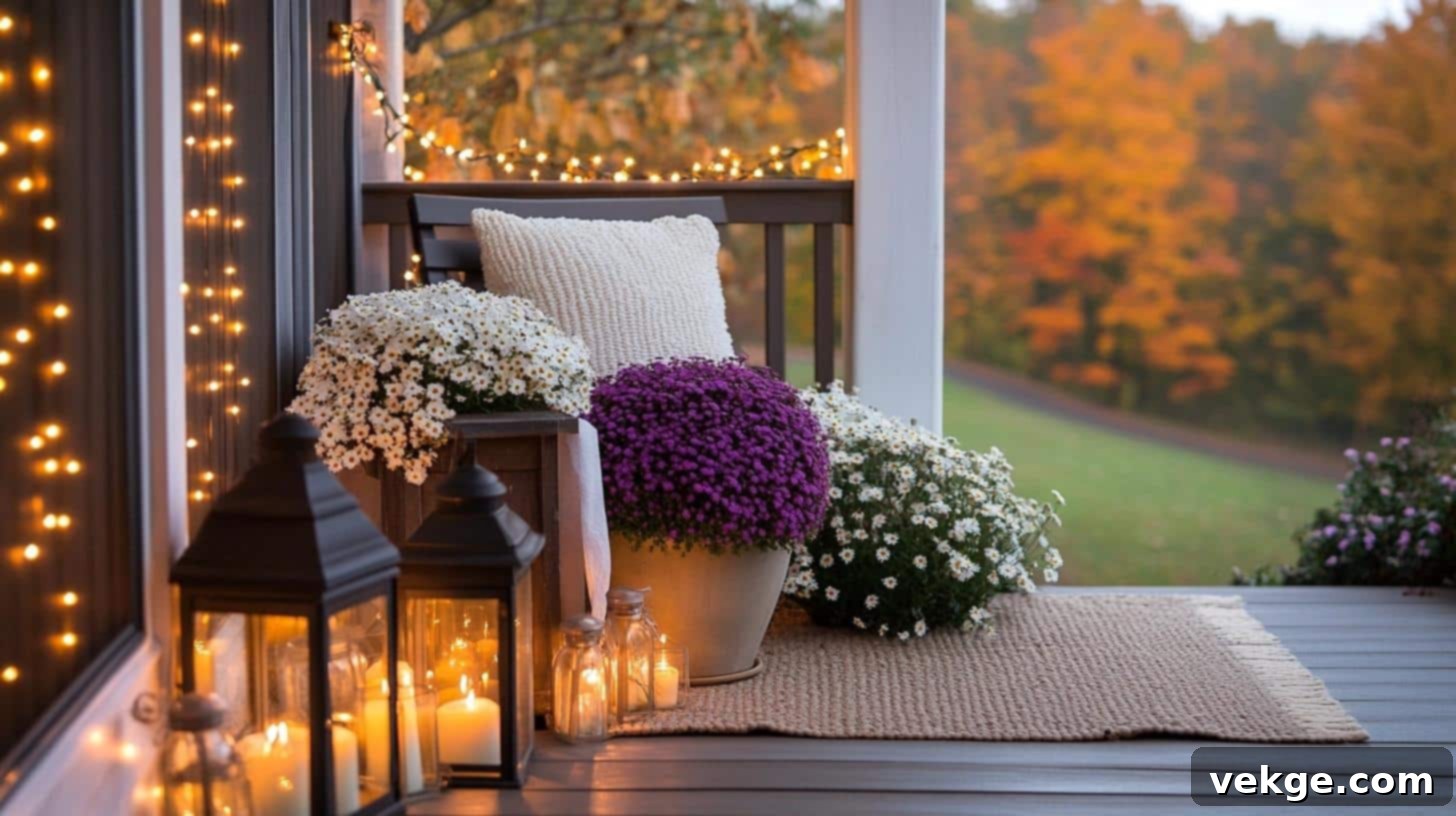 Mums and Lantern Combo for elegant fall porch lighting