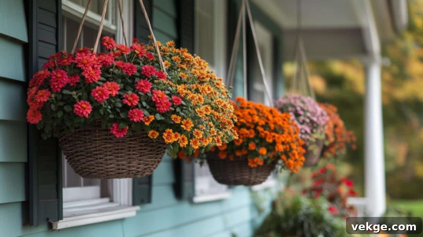 Hanging Mum Baskets for vibrant vertical porch decor