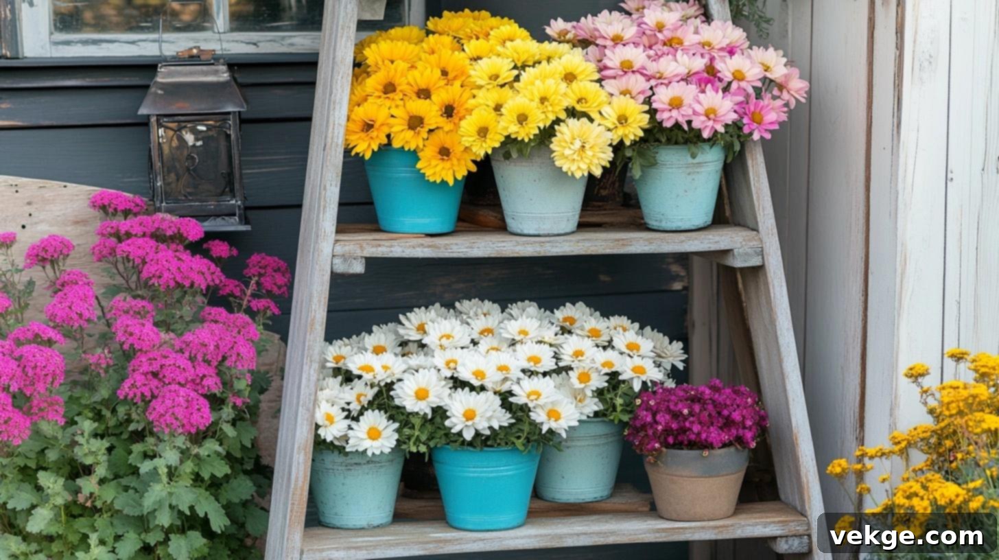 Mums in a Ladder Shelf for tiered porch plant display