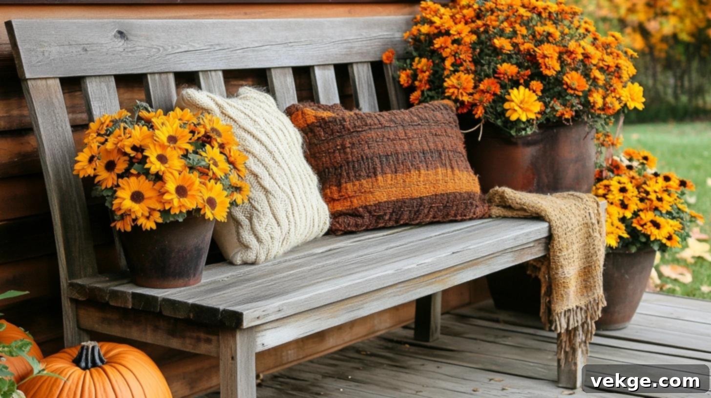 Rustic Bench Display with Mums for a cozy front porch