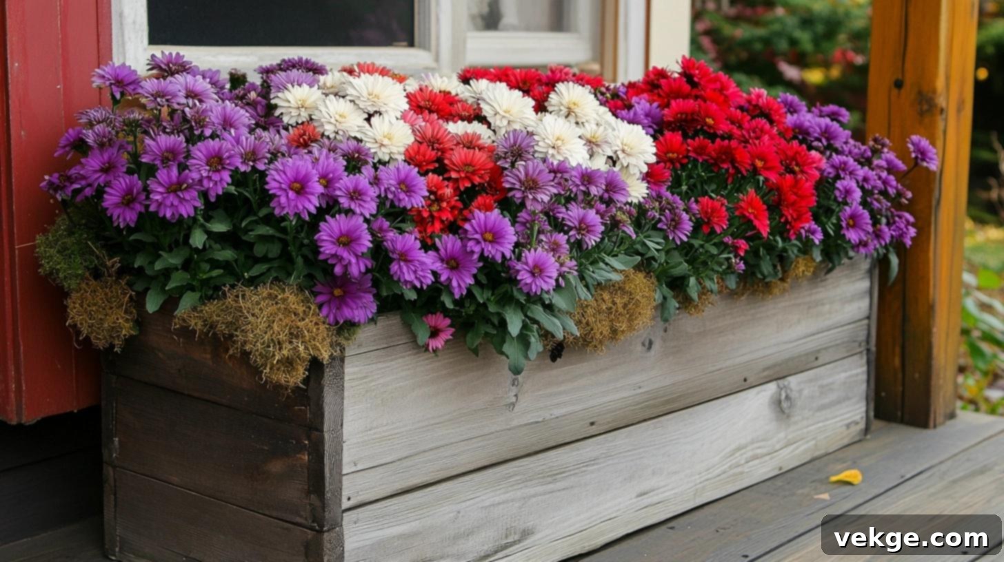 Mums in Wooden Troughs for a long, impressive porch display