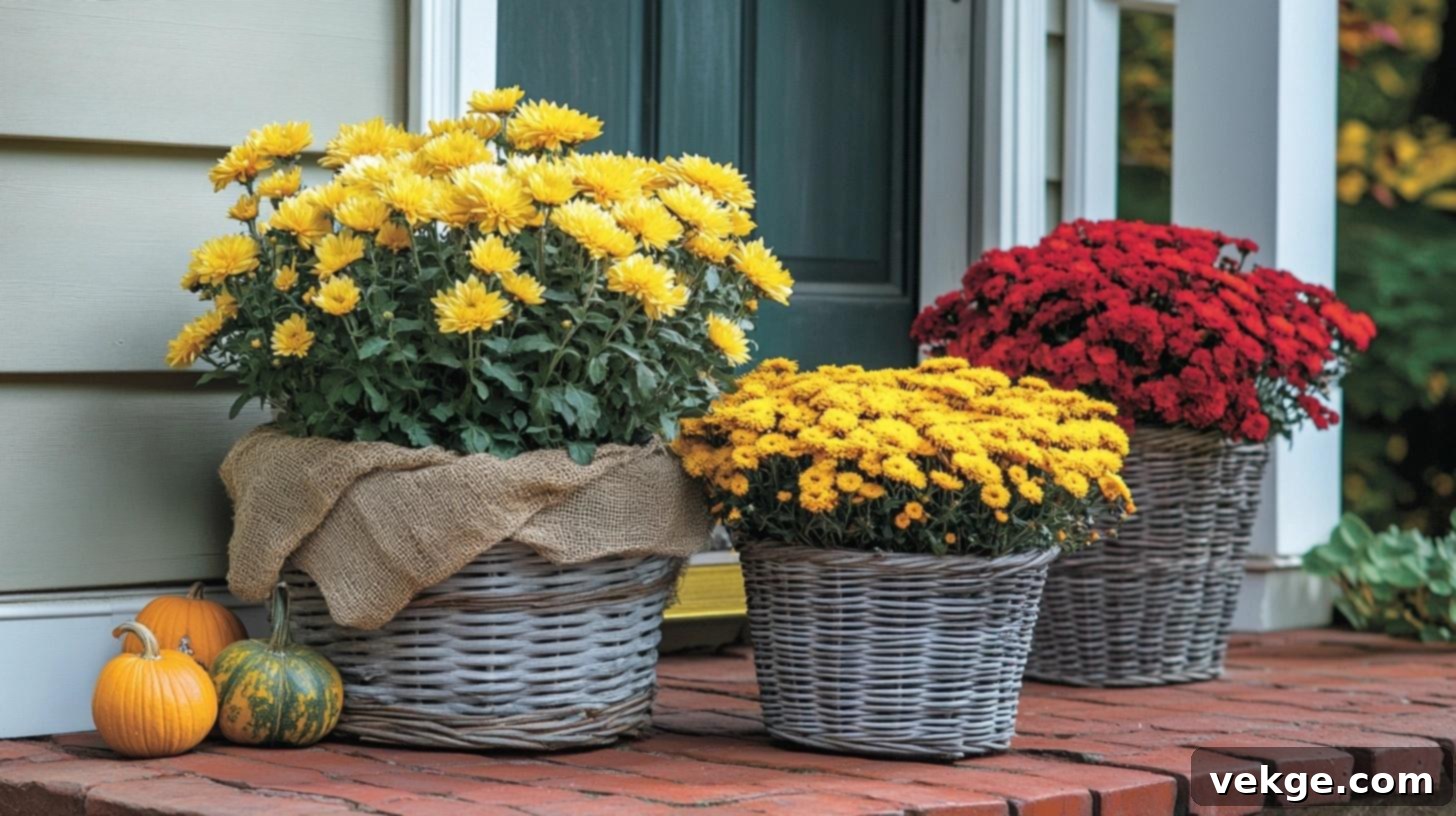 Decorative Basket Mums for a cozy, textural porch display