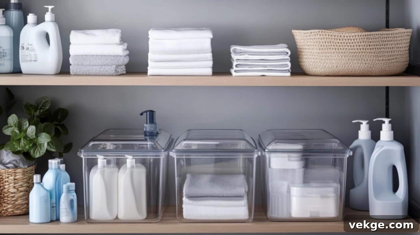 Clear, labeled containers for laundry supplies