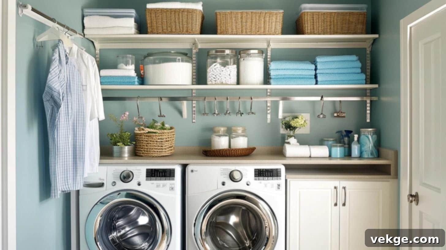 Wall-mounted laundry storage with hooks and shelves