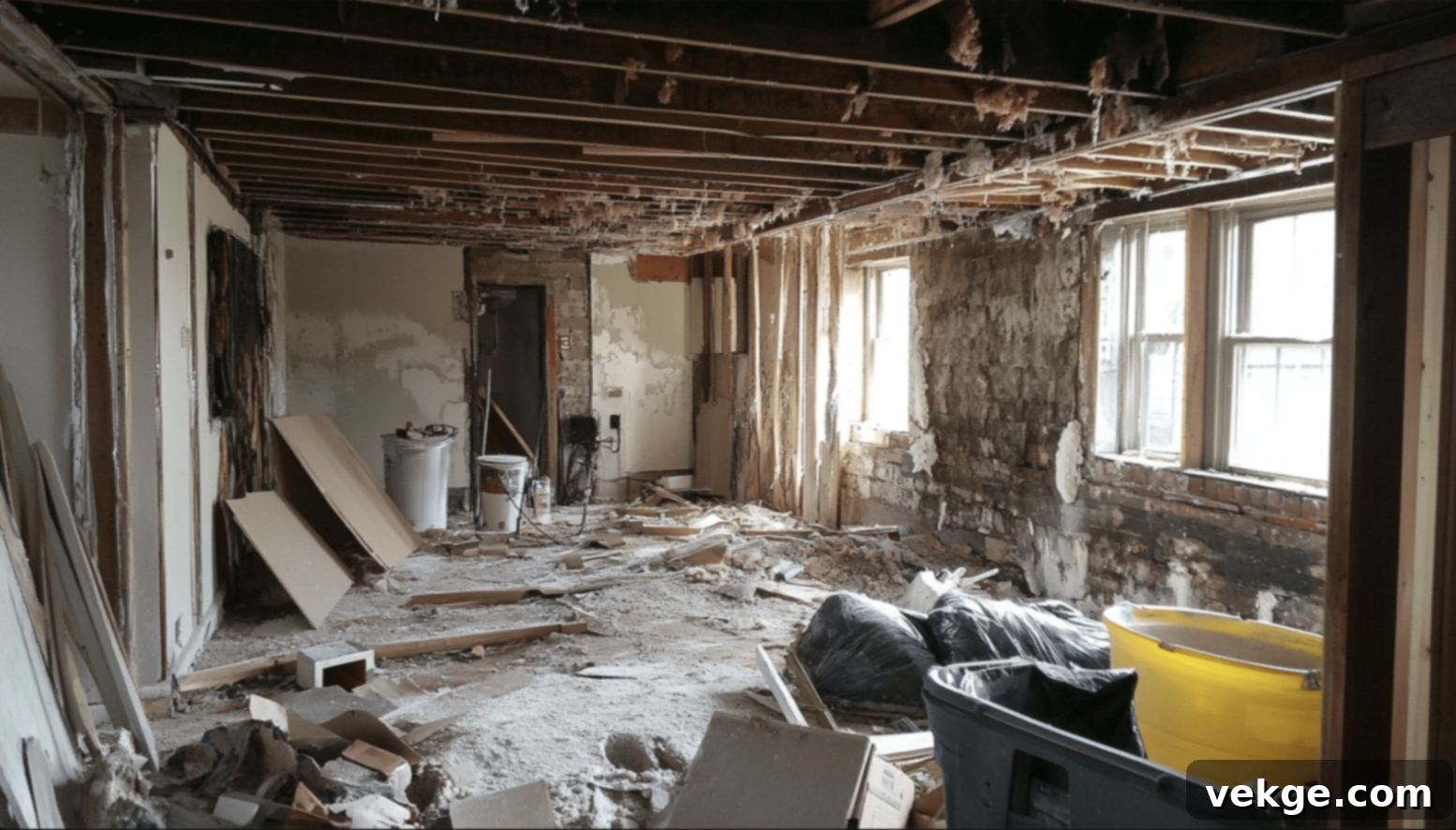 Preparation and demolition phase of loft renovation, including clearing the space, safety measures, and waste management.
