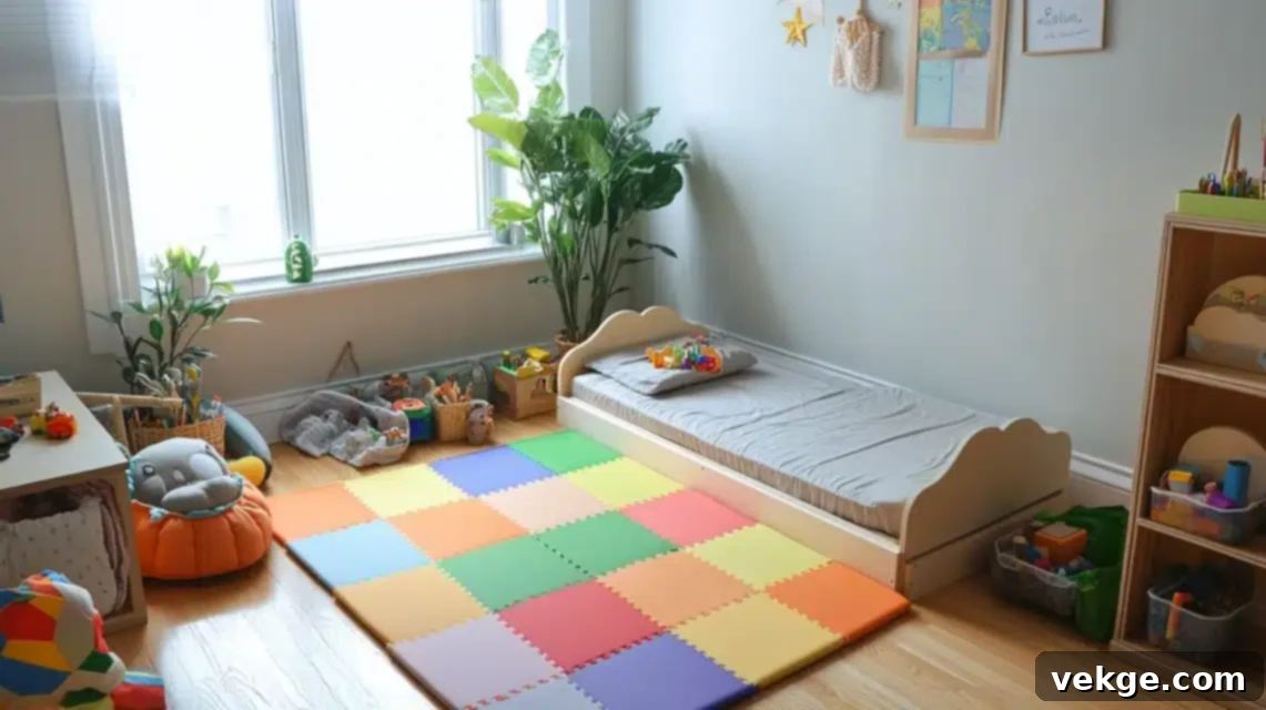 Montessori Principles and Floor Beds - A child reaching for a book on a low shelf next to a floor bed
