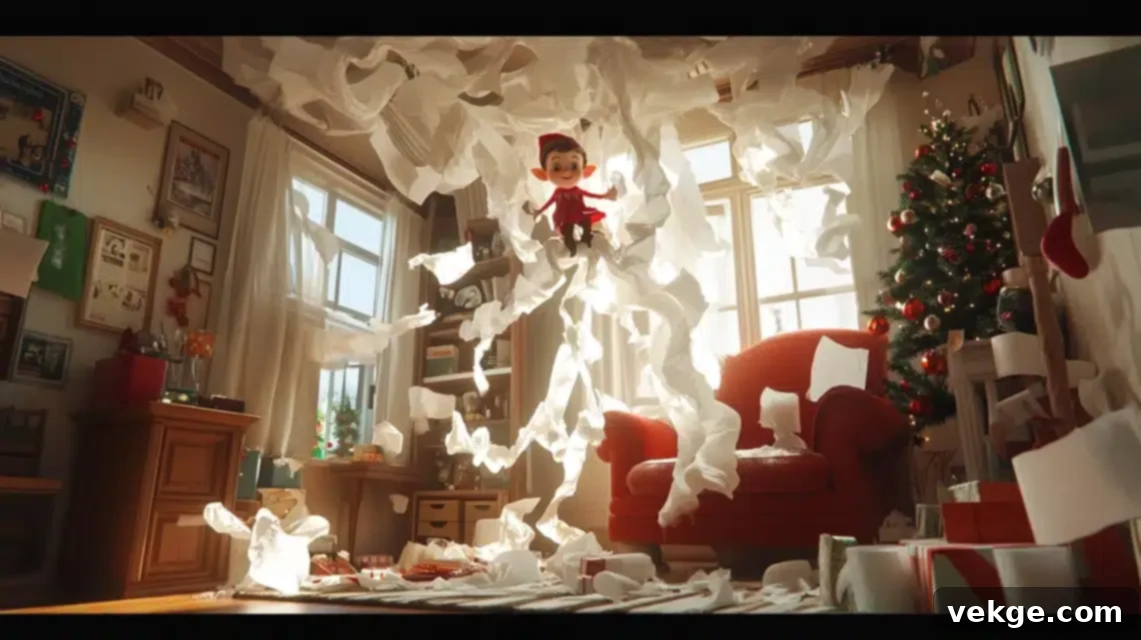 Elf on the Shelf tangled in toilet paper streams across a living room, creating a playful mess.