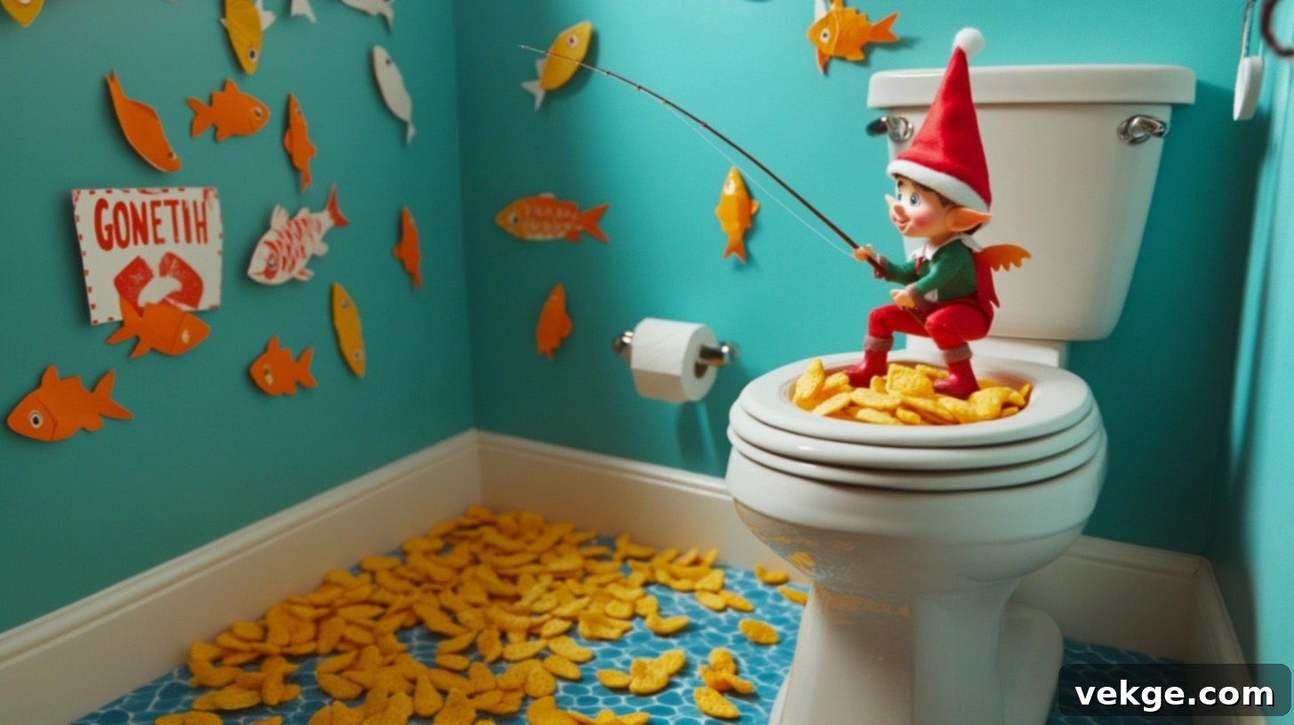 Elf on the Shelf fishing for goldfish crackers in a toilet bowl with a candy cane fishing rod.