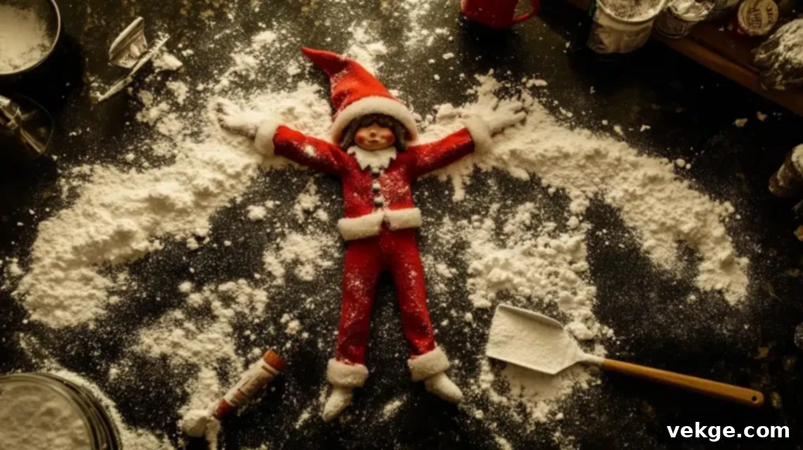Elf on the Shelf making snow angels in a dusting of flour on a dark countertop.