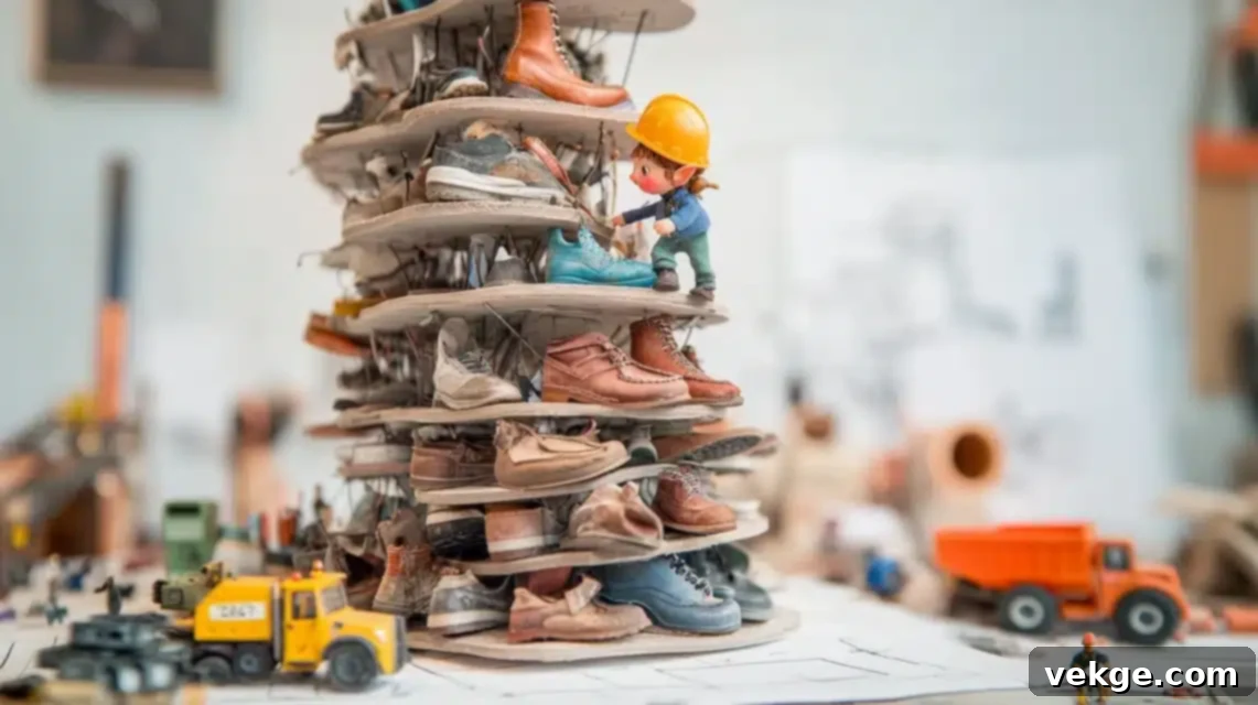 Elf on the Shelf building a tall tower out of shoes, wearing a tiny hard hat.