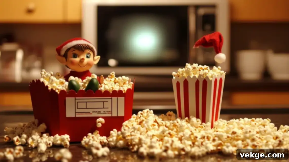 Elf on the Shelf having a popcorn party, surrounded by popped popcorn and movie snacks.