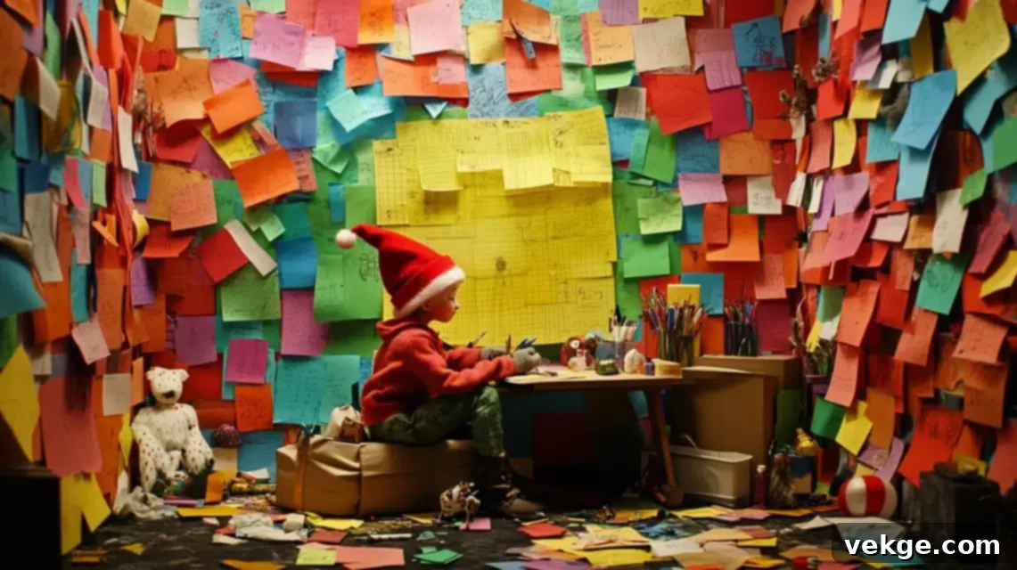 Elf on the Shelf covering a wall with a rainbow of sticky notes, creating a pixelated masterpiece.