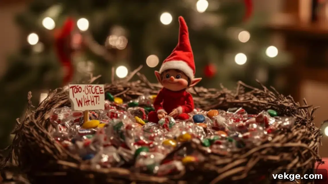 Elf on the Shelf caught as a candy thief, surrounded by empty wrappers and chocolate smudges.