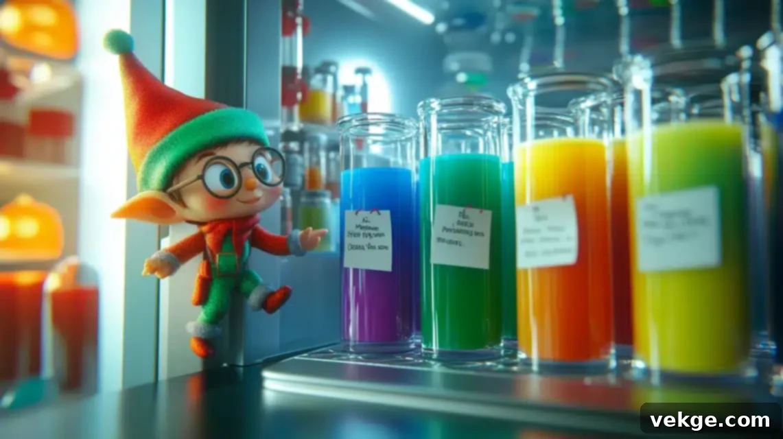 Elf on the Shelf coloring milk with food coloring, creating a rainbow of festive drinks.
