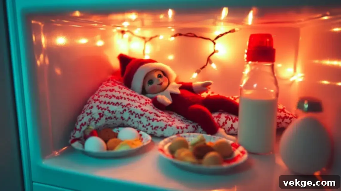 Elf on the Shelf having a hidden party inside a refrigerator, surrounded by tiny snacks.
