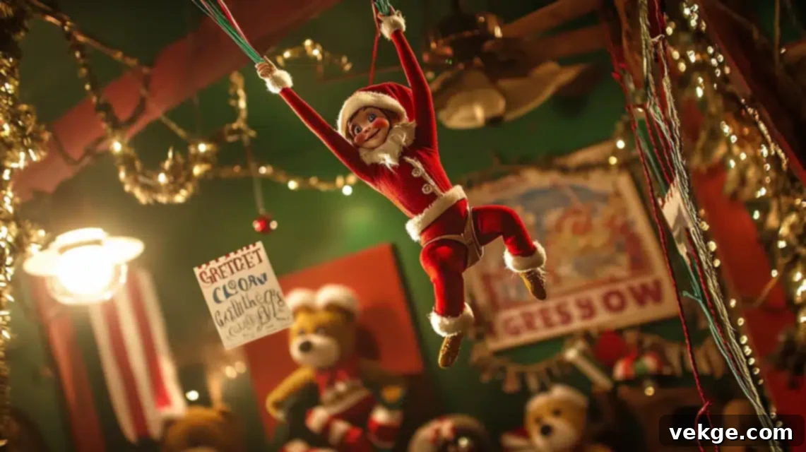 Elf on the Shelf suspended upside-down from a ceiling fan, performing aerial acrobatics.