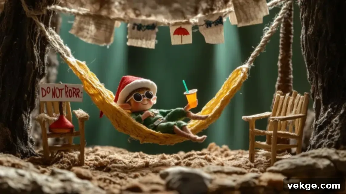 Elf on the Shelf relaxing in a toilet paper hammock strung between two chairs.