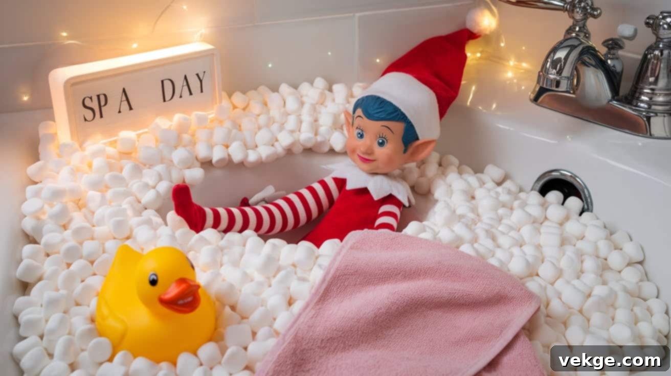 Elf on the Shelf relaxing in a marshmallow bubble bath in a sink with a tiny rubber duck.