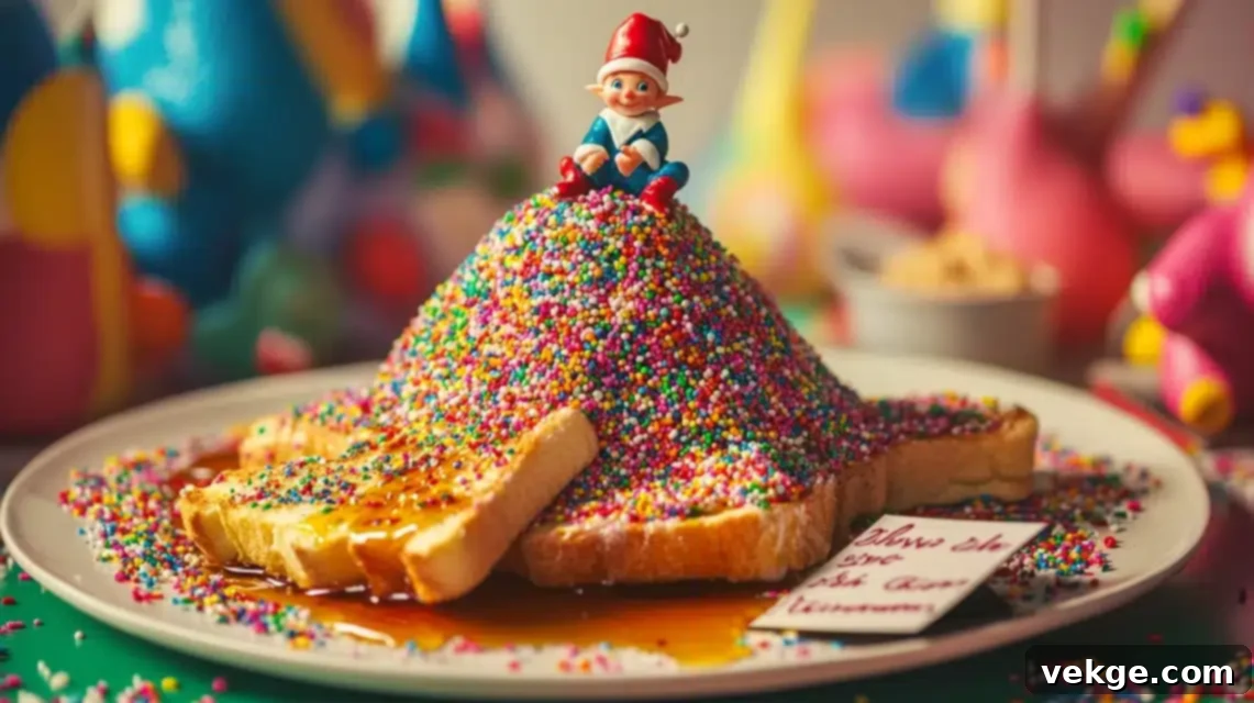 Elf on the Shelf creating a messy breakfast of syrup and sprinkles on toast and plates.