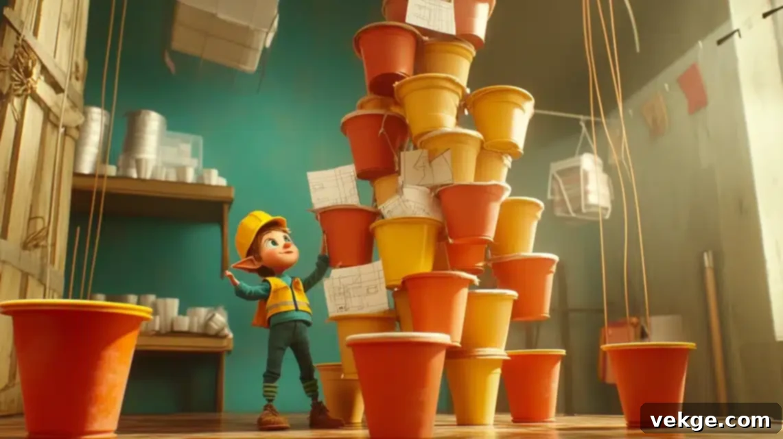 Elf on the Shelf precariously balanced on an impressive upside-down cup tower.