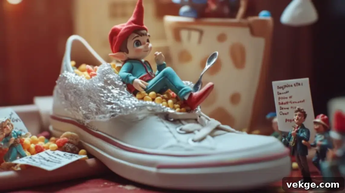Elf on the Shelf eating cereal from a shoe lined with plastic wrap.