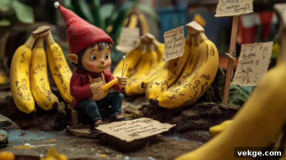 Elf on the Shelf drawing faces and messages on bananas with a toothpick, creating banana graffiti.