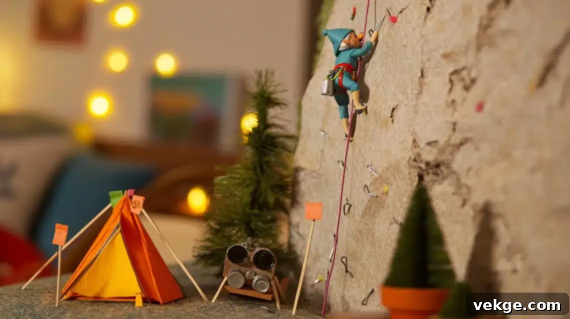 Elf on the Shelf climbing a living room wall using paper clips as climbing holds.