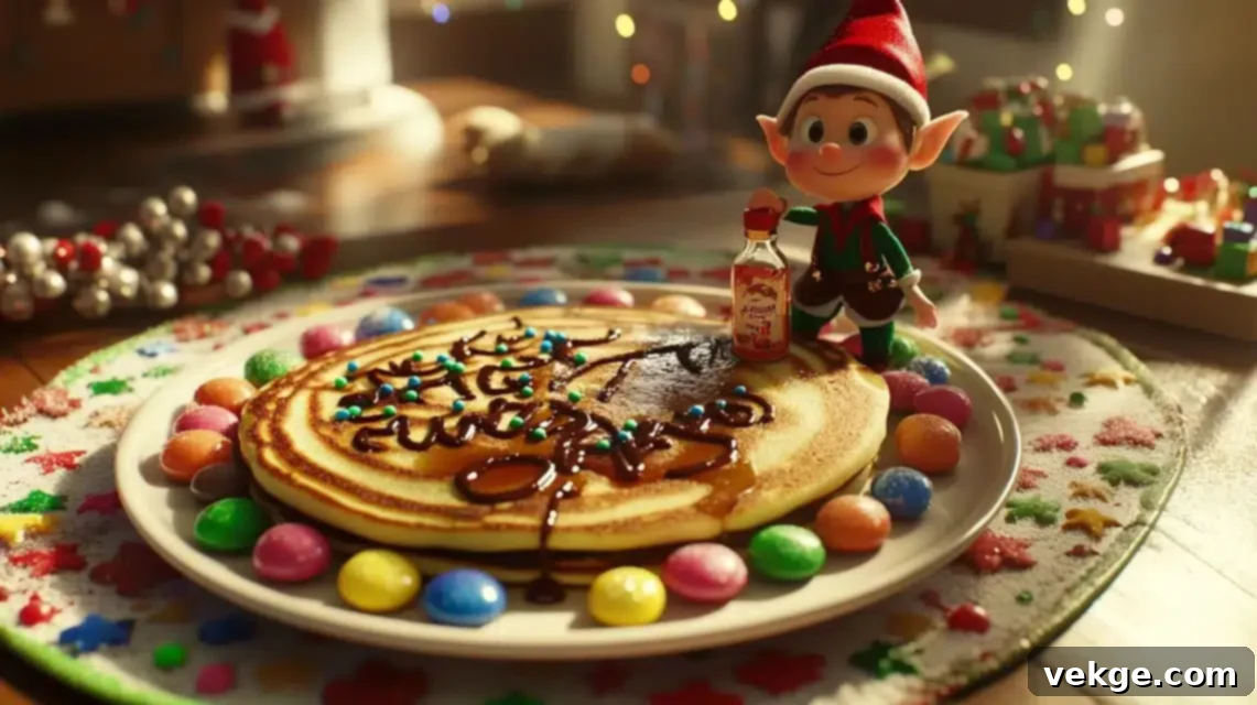 Elf on the Shelf creating a message on pancakes with syrup, surrounded by breakfast items.