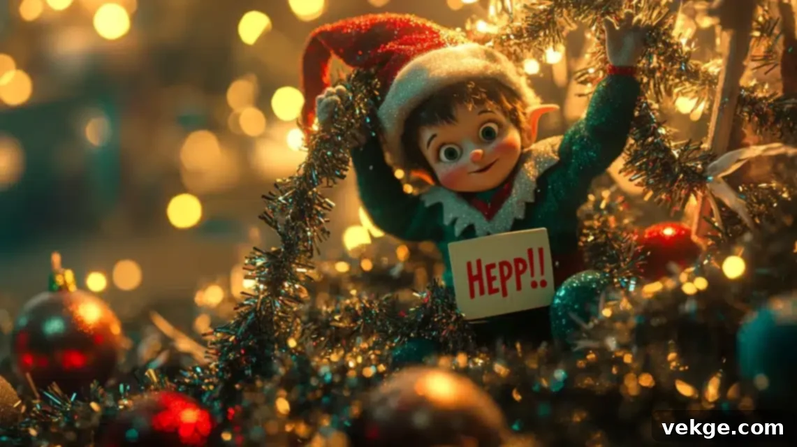 Elf on the Shelf completely tangled in sparkly Christmas garland.