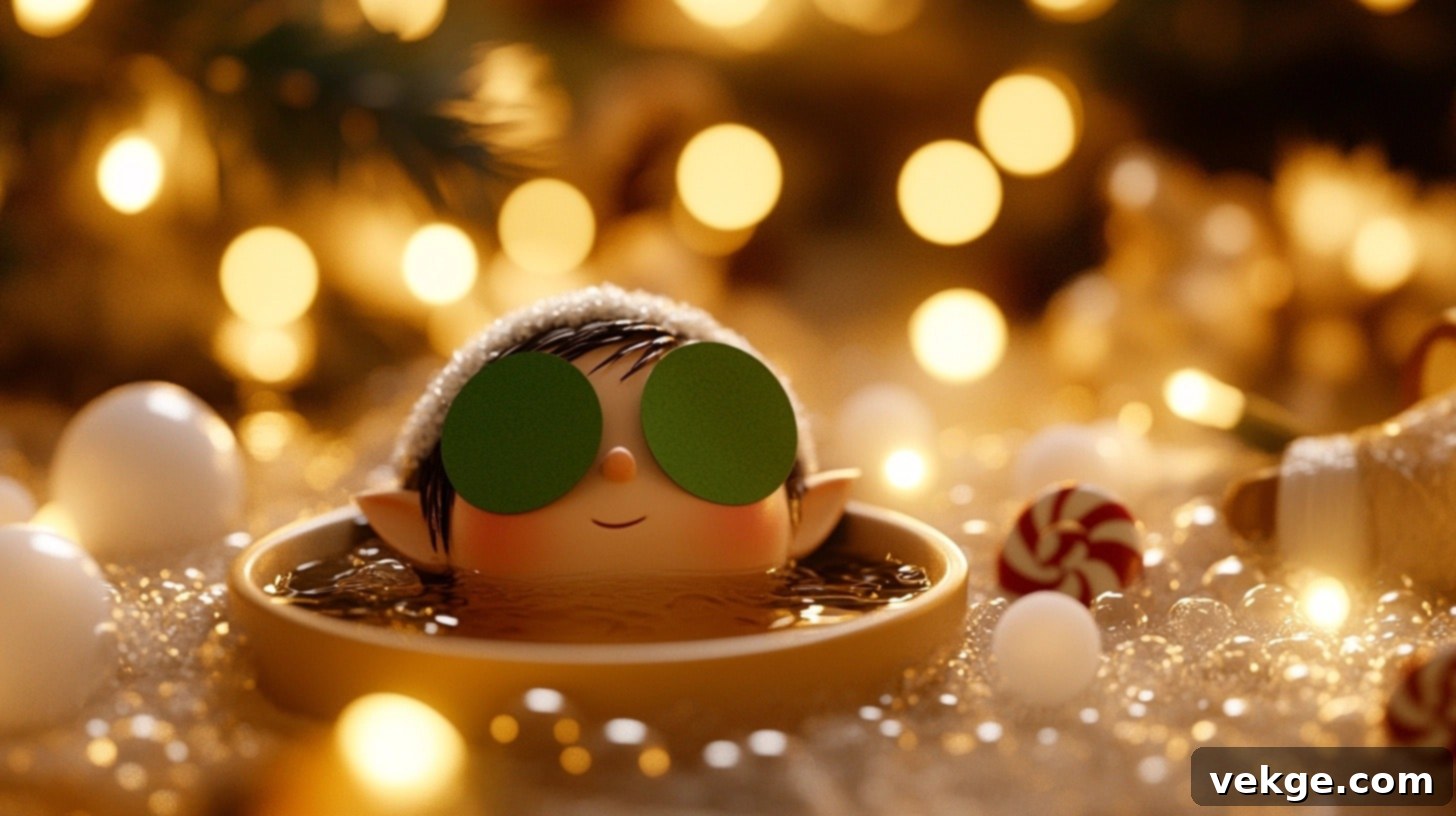 Elf on the Shelf enjoying a hot chocolate spa day with marshmallows and candy canes.