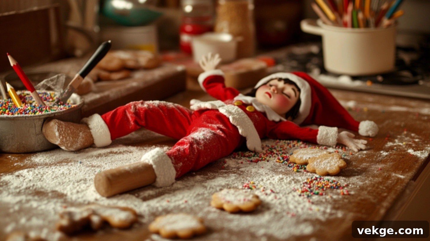 Elf on the Shelf caught in a cookie baking disaster, covered in flour and sprinkles.