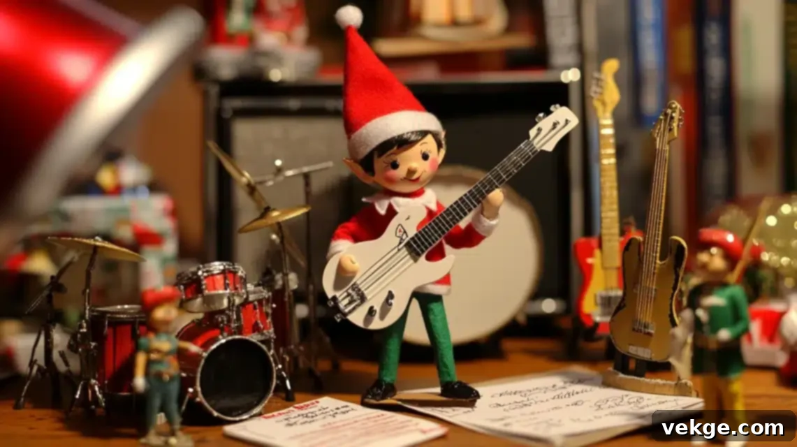 Elf on the Shelf conducting a band of action figures playing improvised instruments.