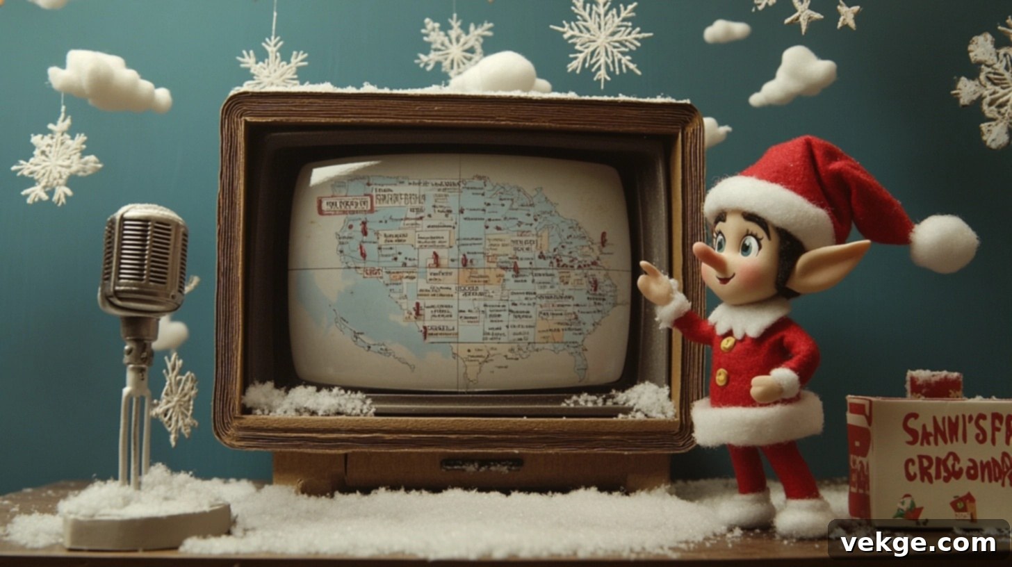 Elf on the Shelf acting as a weather reporter in front of a hand-drawn weather map.