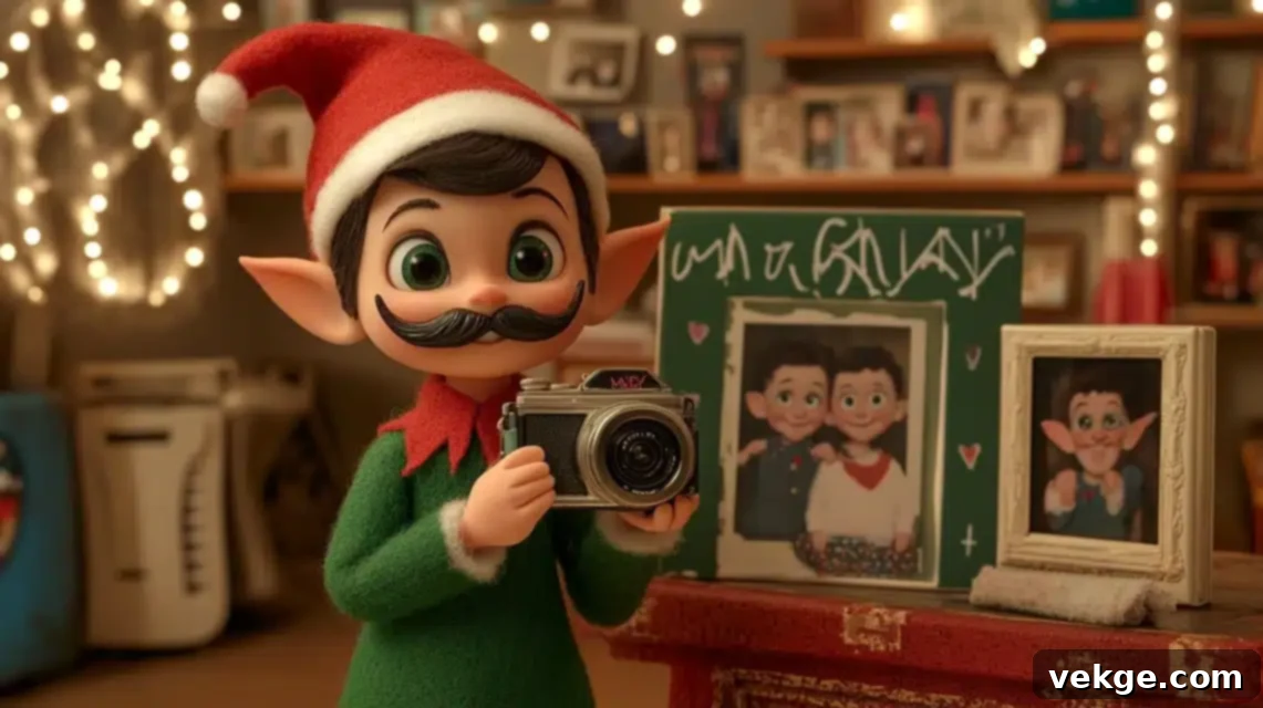 Elf on the Shelf drawing mustaches and silly faces on family photos with a washable marker.