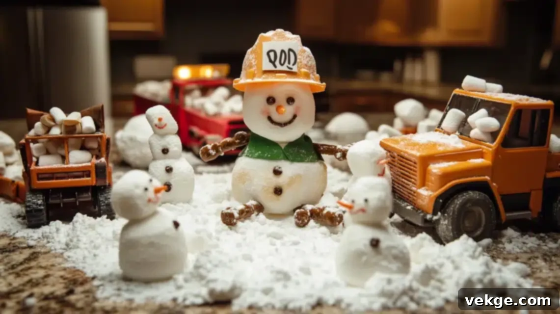 Elf on the Shelf building miniature snowmen from marshmallows on a kitchen counter.