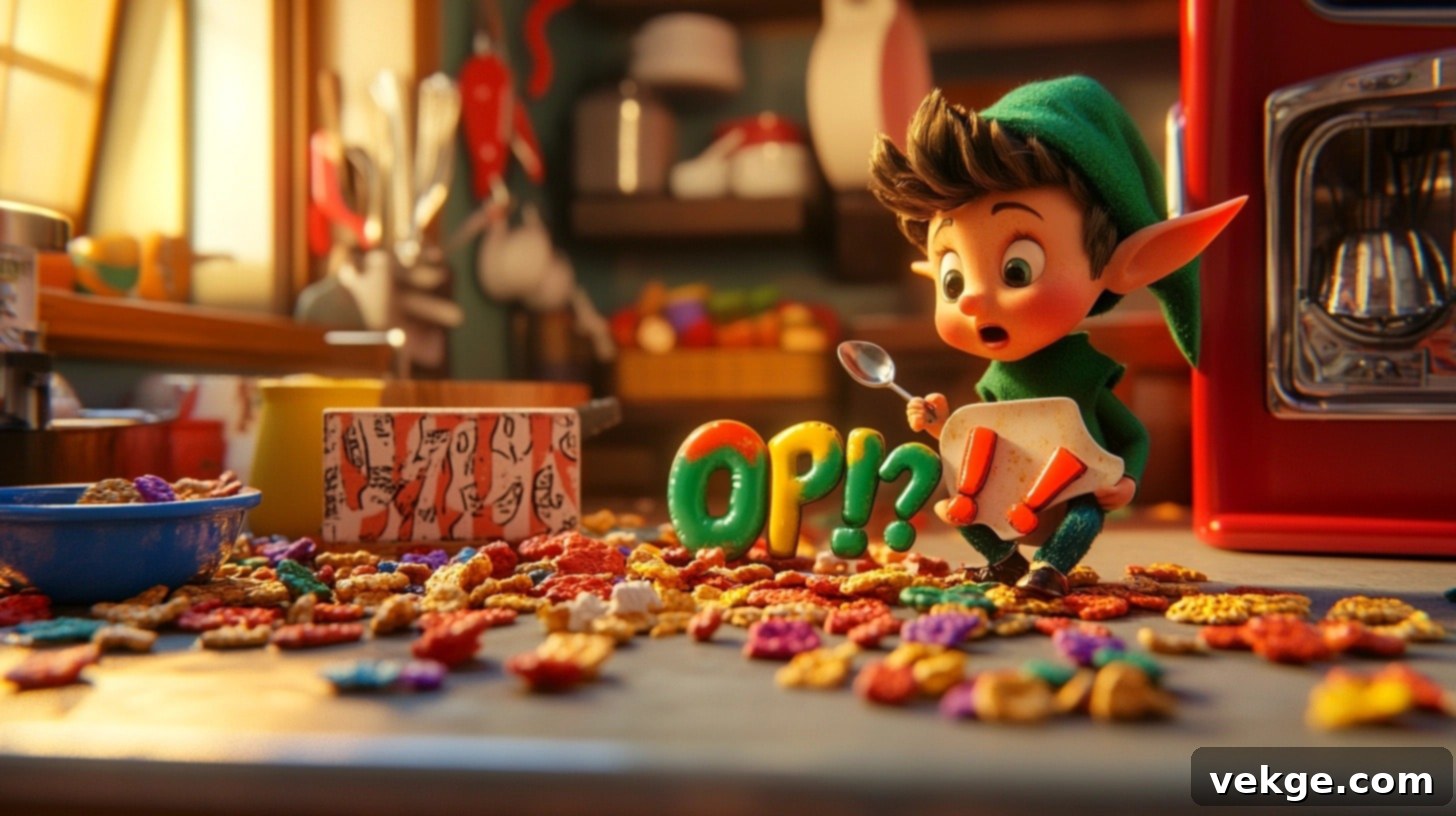 Elf on the Shelf spilling cereal to spell out a message on the kitchen counter.