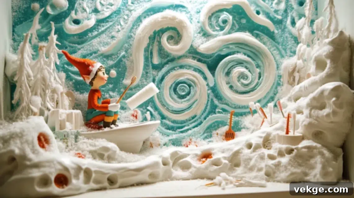 Elf on the Shelf creating toothpaste art on a bathroom mirror, holding a toothpaste tube.